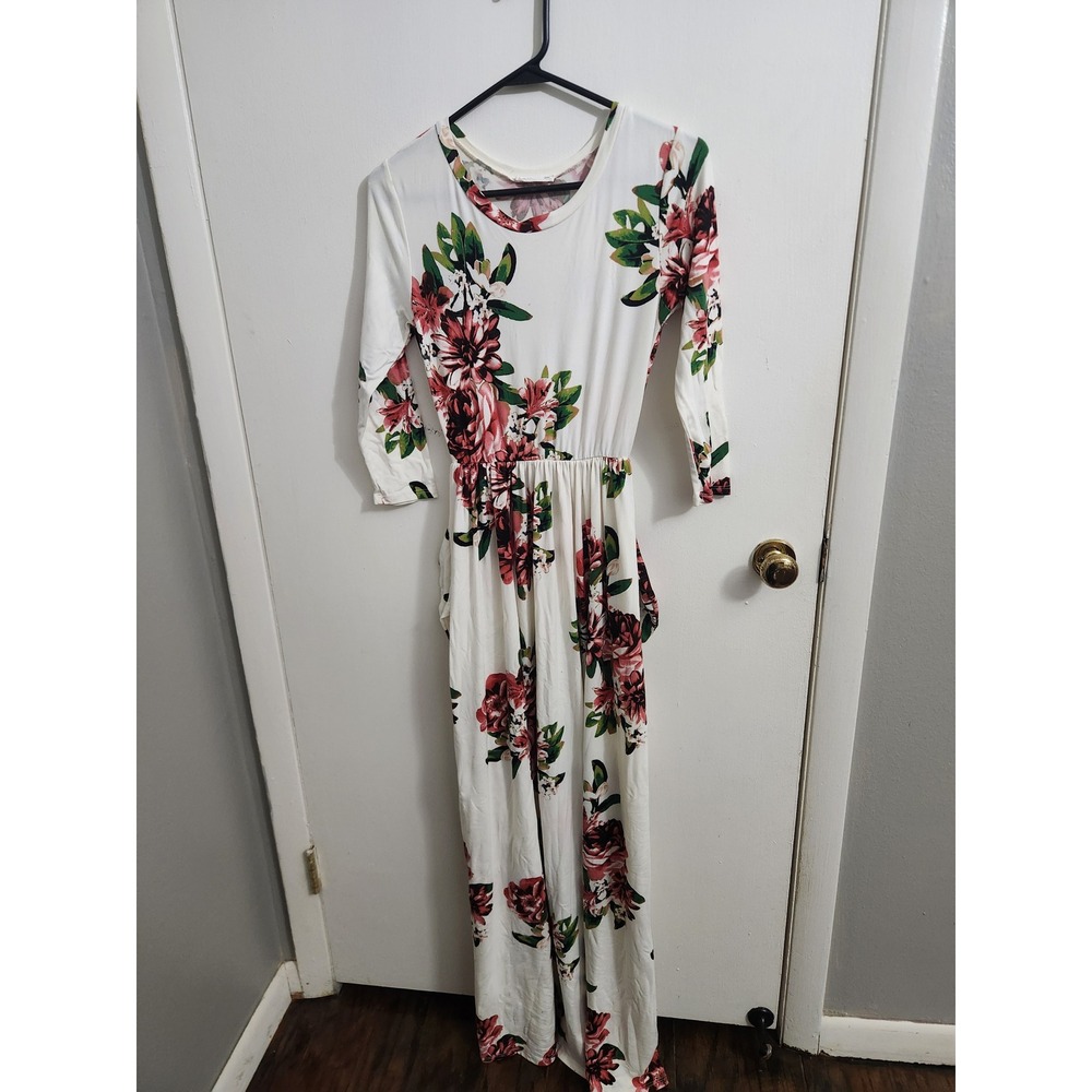Reb & J. Floral Maxi Dress White Pink 3/4 Sleeve Elastic Waist Pockets Small